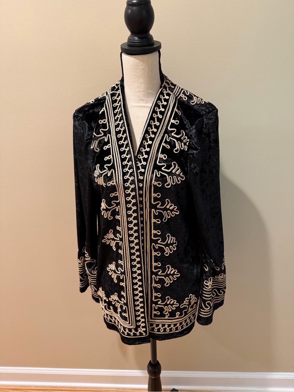 Black Velvet Embroidered Open-Front Tunic with Cream Trim - Picture 2 of 3